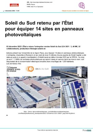 02 12 22 Le Journal des entreprises Pint Soleil du Sud retenu par l Etat pour équiper 14 sites en panneaux photovoltaiques • Smalt Capital