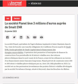 23 01 24 LE JOURNAL DES ENTREPRISES Web La société PIANEL lève 3 Me auprès de Smalt ENR • Smalt Capital